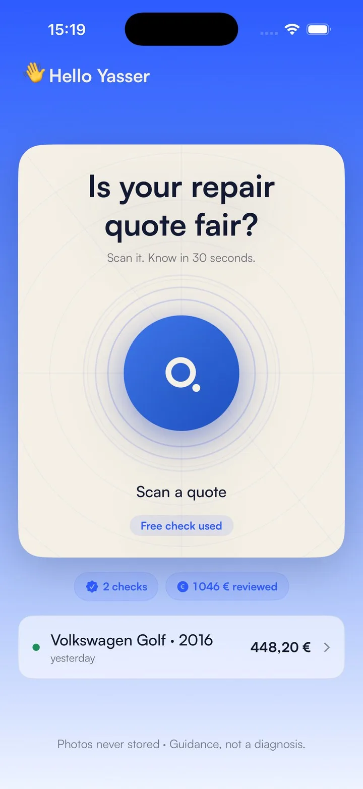 Quardo home screen for scanning a car repair estimate