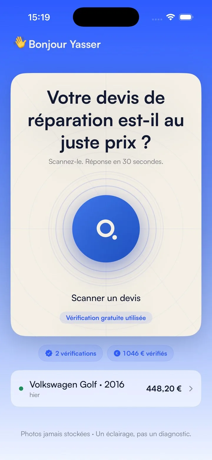 Écran d’accueil Quardo pour scanner un devis de réparation auto