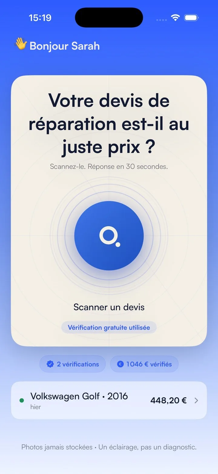 Écran d’accueil Quardo pour scanner un devis de réparation auto