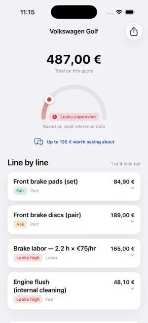 Quardo repair estimate verdict with fair, ask, and high ratings