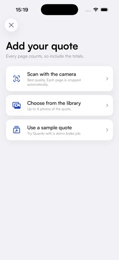 Quardo capture screen for a repair estimate